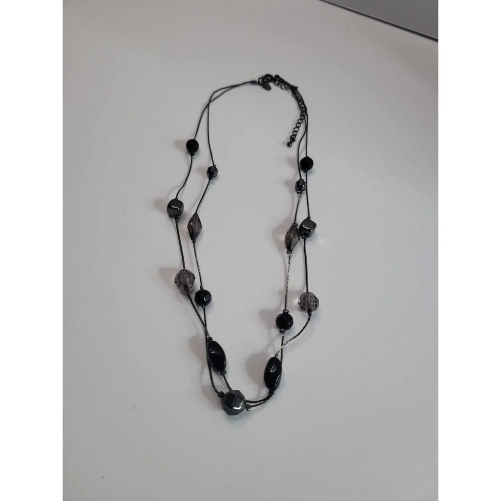 Premier Designs Black Gray Double Strand Beaded Necklace Faceted Geometric